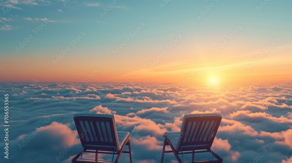 Sticker  a pair of chairs sitting on top of a cloud covered hillside with the sun setting in the sky behind them.