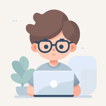 Vector guy wearing glasses with laptop, simple and minimalist flat design style