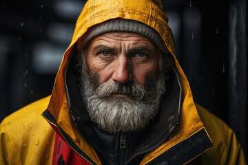 Serious bearded mature fisherman bundled up in yellow raincoat looking at camera after a long day at work. International Workers' Day. Generative AI
