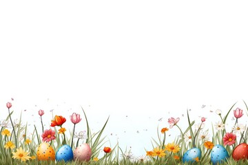Easter line art banner with colorful eggs, grass and flowers, with empty copy space Generative AI