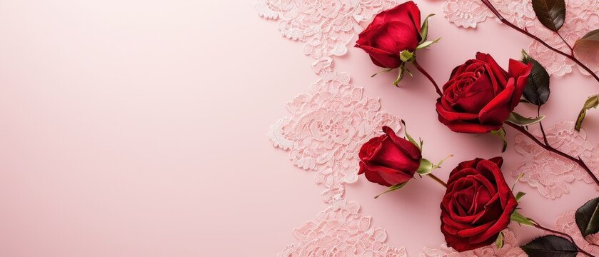  a close up of three roses on a pink background with lace and flowers on the bottom of the image and a pink background with lace and flowers on the bottom of the.