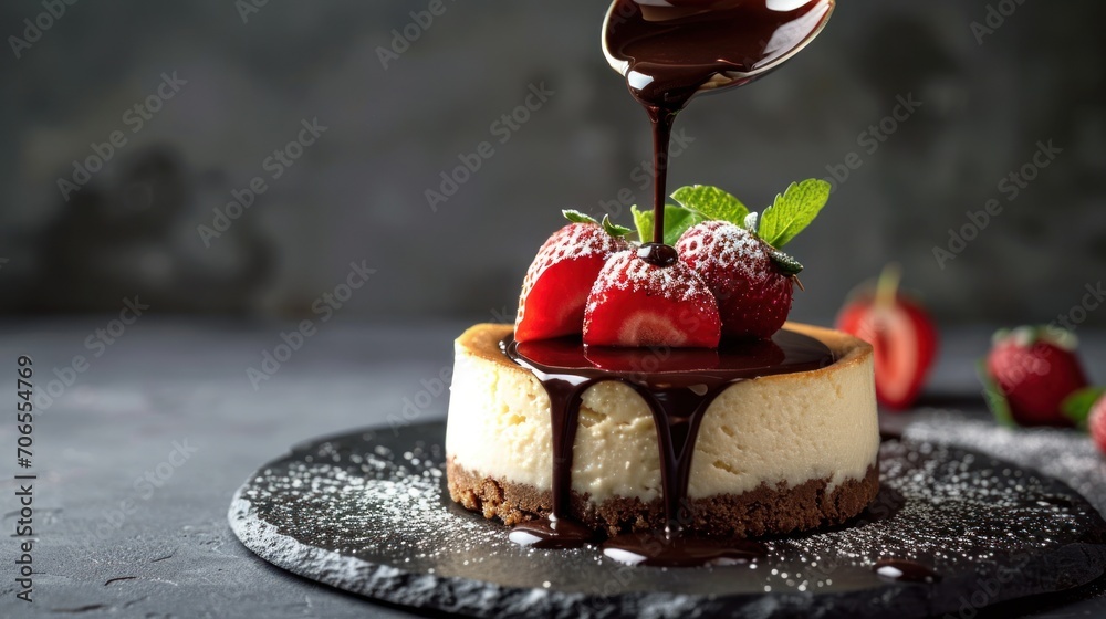 Wall mural a chocolate sauce drizzled on top of a cheesecake with strawberries on the side and a chocolate sauc