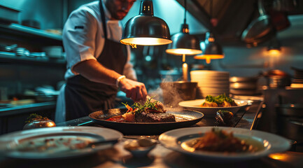 Chef in modern kitchen preparing gourmet meal in upscale restaurant of world cuisine