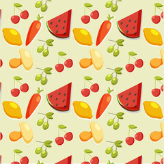 pattern on a bright background with fruits and vegetables