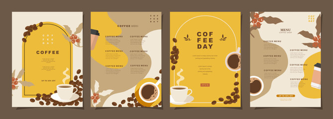Set of sketch banners with coffee beans and leaves on minimal background for invitations, cards, banner, poster, cover, cafe menu or another template design. vector illustration. - obrazy, fototapety, plakaty
