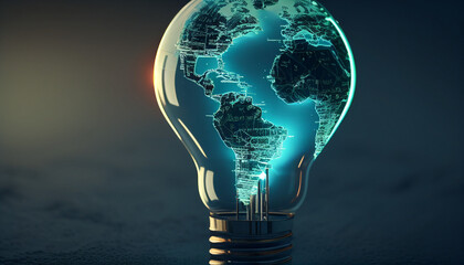 A light bulb with a blue world map. concept of green renewable sources background, Ai generated image