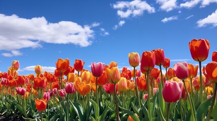 Spring Tulip Delight Under Blue Sky - AI Generated