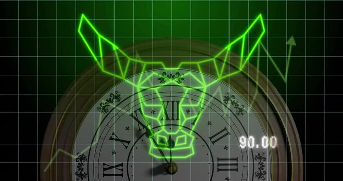 Animation of financial data processing over clock and bull