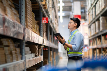 Warehouse worker in security uniform with tablet computer looking at merchandise in large warehouse Logistics and export business Logistics distribution center. - obrazy, fototapety, plakaty
