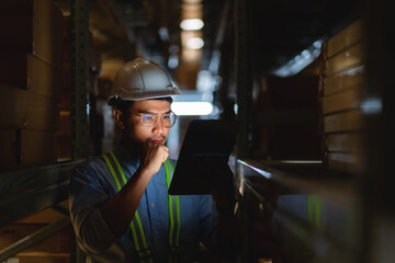 Worker holds a tablet in a warehouse Stressed and tired from problems at work Supply chain and warehousing concepts.