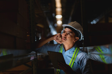 Asian warehouse worker checking products on shelves with stock in warehouse background. Export concept of logistics business.
