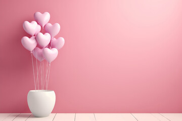 a flower pot with pink heart-shaped balloons on pink background