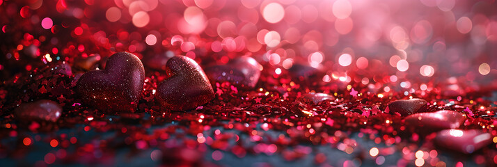 Vibrant magenta and pink hearts with sparkling glitter, perfect for Valentines Day 2023, - obrazy, fototapety, plakaty