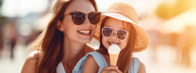 happy mother with daughter eating ice cream in the park in summer. - obrazy, fototapety, plakaty