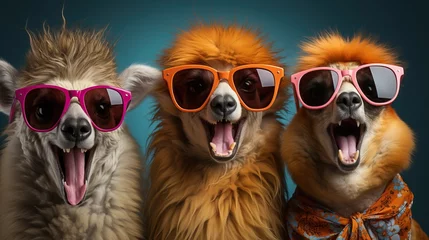 Foto op Canvas 3 lamas avec pleins de poils humoristiques qui rigolent avec des lunettes de soleil en studio photo © jp