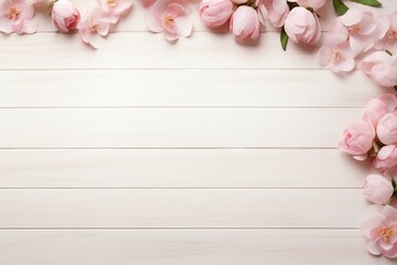 Blank paper with pink flowers on a pink background, top view