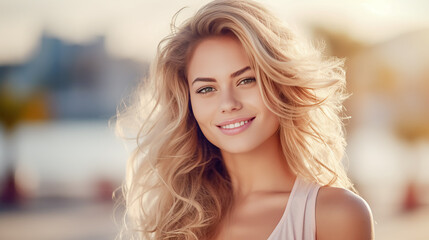 hübsche blonde Frau, die mit perfekt sauberen Zähnen lächelt - obrazy, fototapety, plakaty