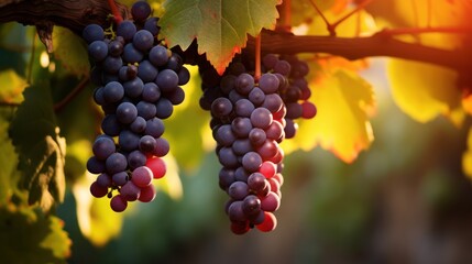 Red wine ripe grapes in countryside at sunset