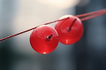 Close-up of red glass balls hanging on a red rope.