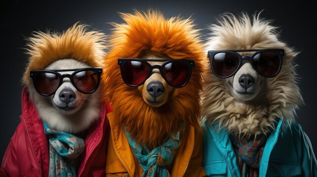 3 animaux avec pleins de poils humoristiques qui rigolent avec des lunettes de soleil en studio photo