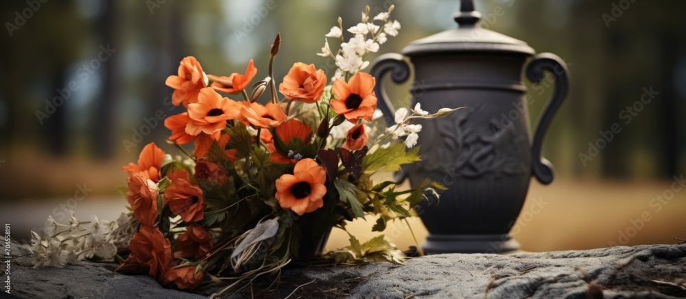 Canvas Prints Faux flowers in vase at rural grave.