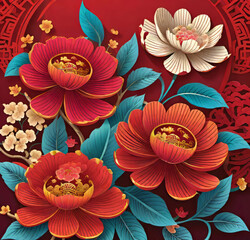 vector illustration, Chinese New Year greetings, traditional Chinese floral patterns and red lanterns, blank background for copy,