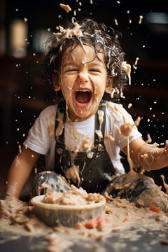 a happy child makes a mess at mealtime. The concept of self-feeding.