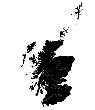 Scotland map. Map of Scotland in administrative regions in black color