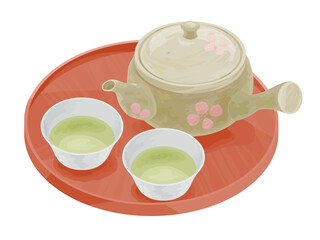 ベクターイラスト:和_急須_お盆_湯呑みに入った緑茶