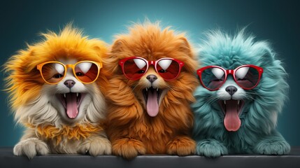 3 animaux avec pleins de poils humoristiques qui rigolent avec des lunettes de soleil en studio photo - obrazy, fototapety, plakaty