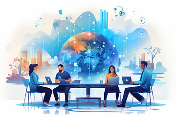 A team of professionals engaged in a virtual meeting, using advanced technology to connect and collaborate from different locations, highlighting the flexibility of modern teamwork - obrazy, fototapety, plakaty