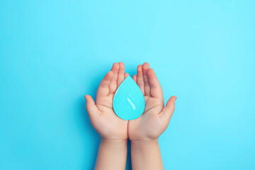World Water Day. A child's hands, palms up, join to hold a piece of cardboard in the shape of a drop of water, isolated in plain soft blue background. Water saving concept.