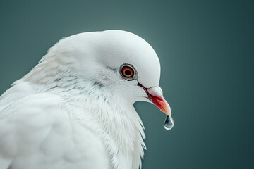 World Water Day. Water for peace concept. Close-up of a white pigeon with a drop of water falling from its beak