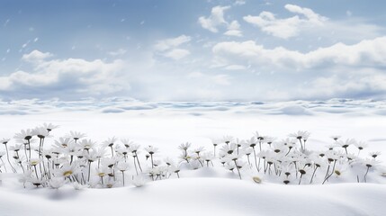 Snow-Kissed Daisy Field in Winter - AI Generated