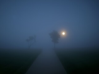 human is walking in the foggy night