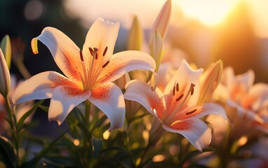 lily flowers in a field at sunset