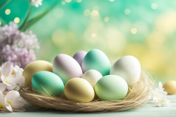 Celebrating Easter, holiday greeting card mockup with light bokeh, flowers and colored eggs.