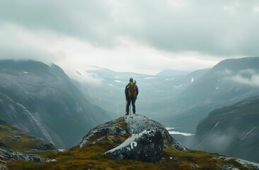 Summit Conqueror - Hiker with Backpack Standing on Top of a Large Rock near Majestic Mountains - solo travel concept