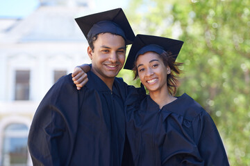 Graduation, portrait and couple of friends smile to celebrate success, education and college...
