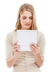 Woman, reading and tablet in studio with social networking, online blog and tech app with white background. News, email and digital scroll with information for web search, media and internet article