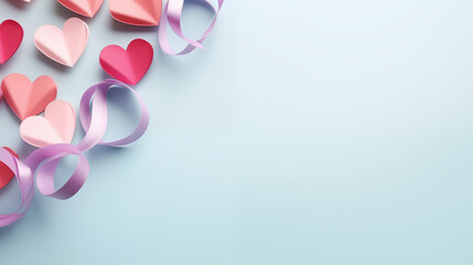 Shapes of colorful hearts made of ribbons on a blue, pastel background.