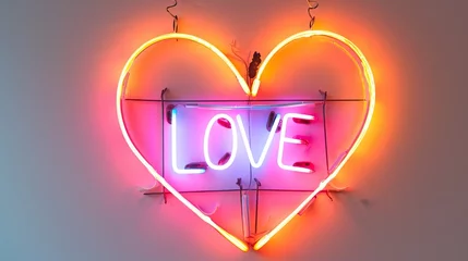 Fotobehang Enseigne néon cœur 'AMOUR' rose-blanc, sur mur texturé. Ambiance chaleureuse, rétro, idéale pour café, boutique ou événement romantique © jp
