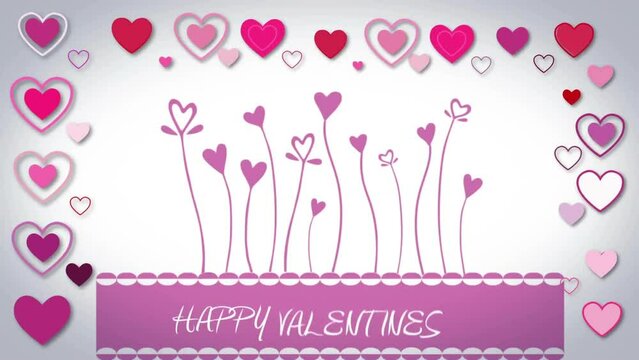 Animation of happy valentines day text in rectangle over heart shapes against white background