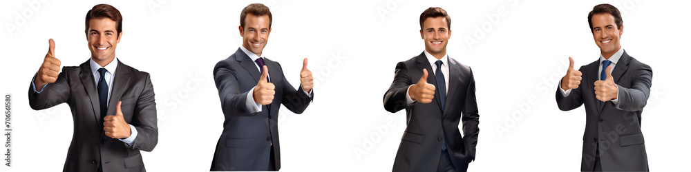 Wall mural a set of businessmen in a suit is smiling happily and giving a great thumbs up isolated on a transpa