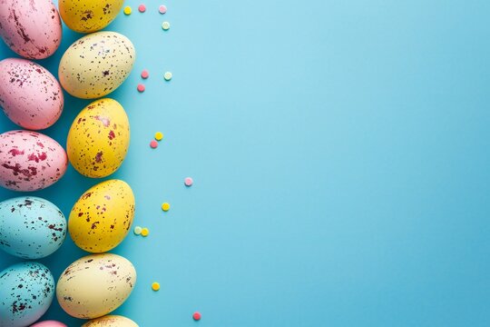 Easter eggs on blue background. Happy easter poster and banner for greeting text. Top view