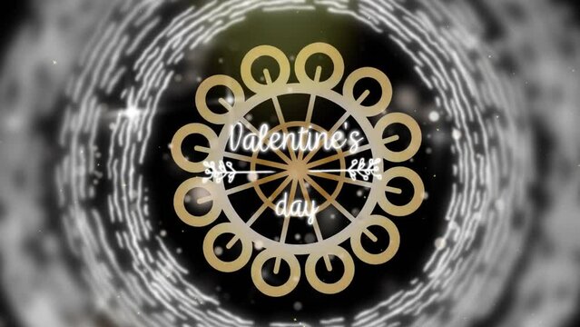 Animation of valentine's day text over gold and white circular shapes on black background