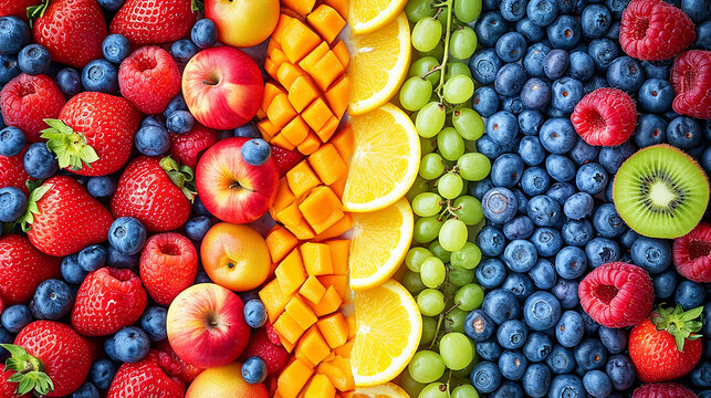 frutta in pezzi e intera disposta in modo ordinato e cromaticamente elegante vista dall'alto