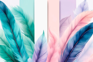 Art background with colourful feathers. Wallpaper with feathers art.