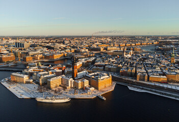 Panorama of the old town of Stockholm, island of Riddarholmen and the downtown area, in winter with...