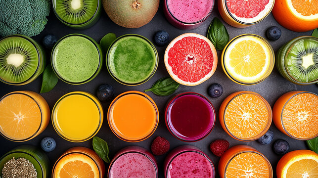 succhi vegani disposti in modo ordinato e cromaticamente gradevole visti dall'alto in mezzo a piccoli elementi di frutta.